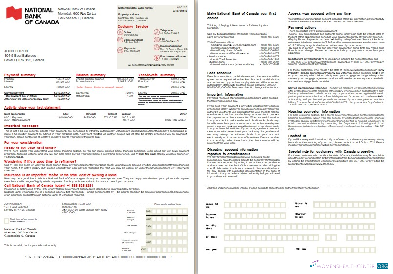 Download Canada National Bank of Canada bank mortgage statement, 2 pages, 1 2 scr Photoshop template